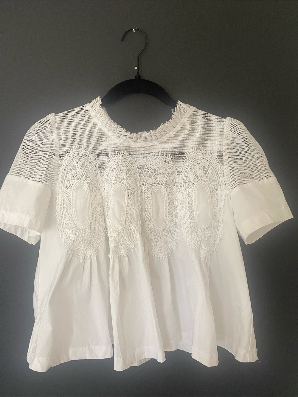 White Lace Yoke Short Sleeve Crop Blouse